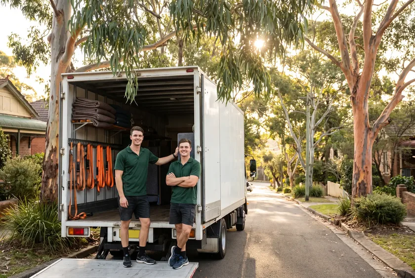Two movers standing at the open tail of a removal truck on a leafy street, straps and moving blankets ready to load
