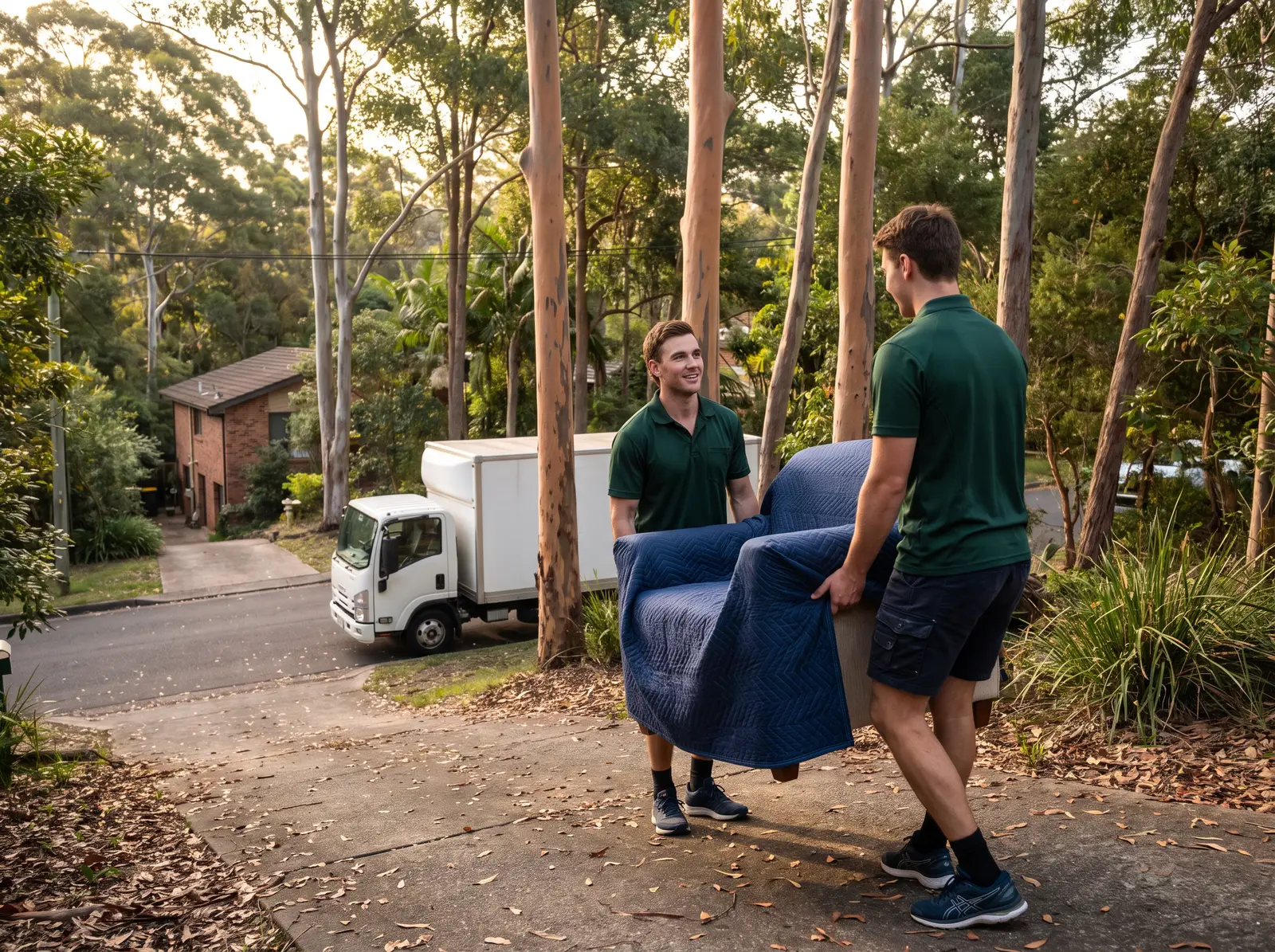Two movers carrying a wrapped armchair up a steep leafy driveway toward their truck