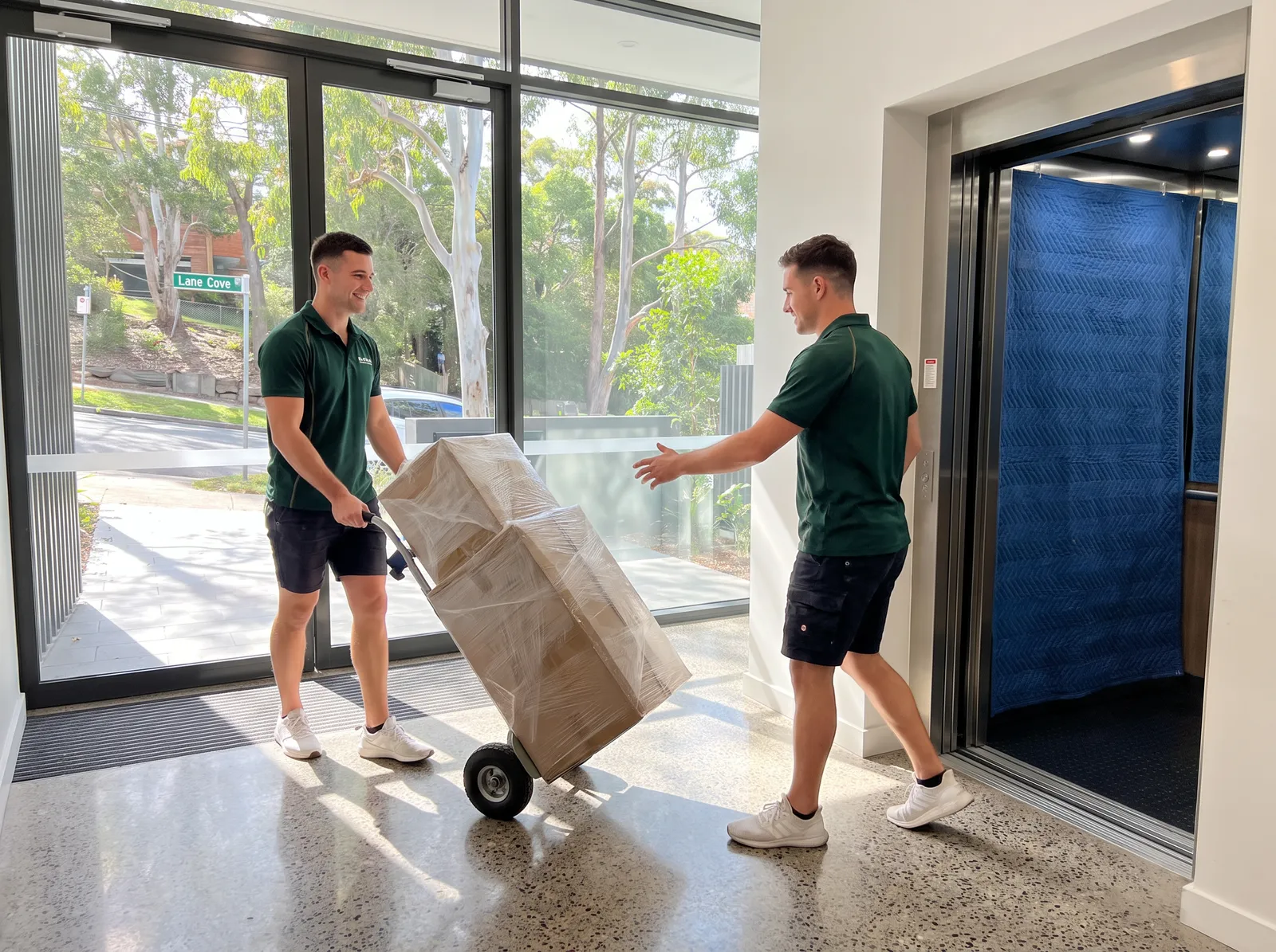 Two movers wheeling a wrapped load through an apartment lobby toward a lift hung with padding blankets
