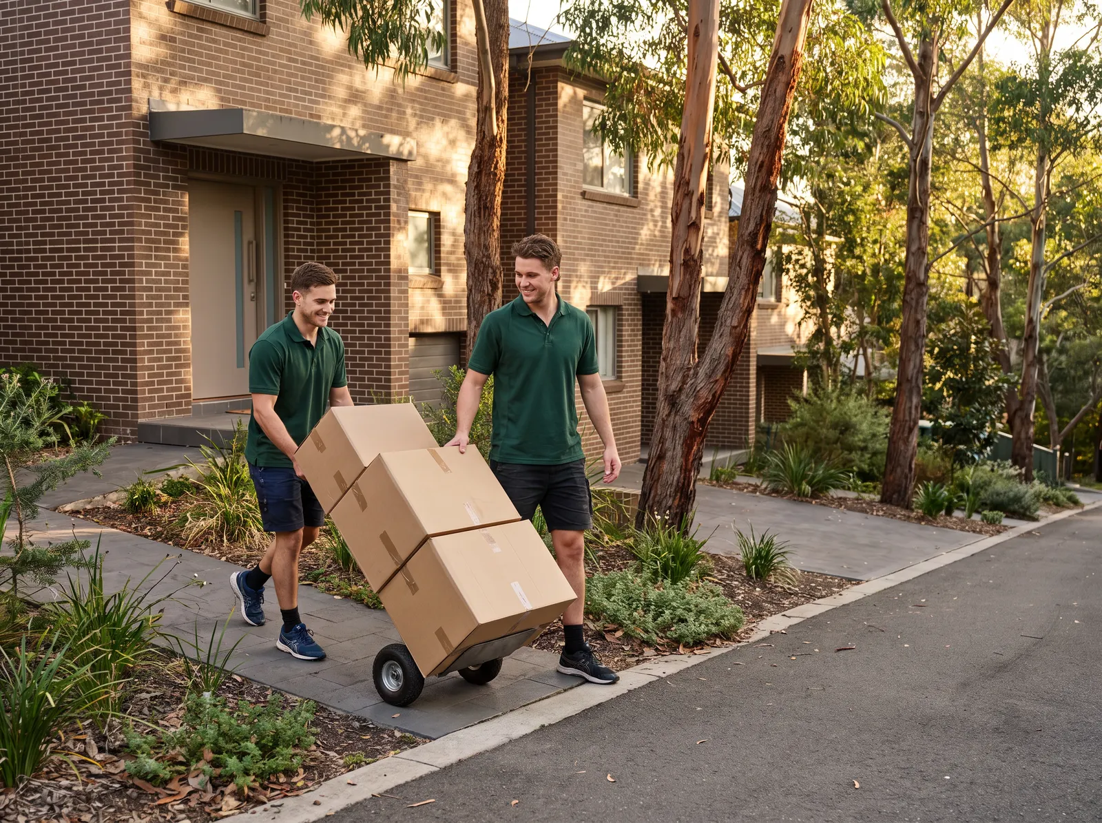 Two movers wheeling stacked boxes along a townhouse courtyard path